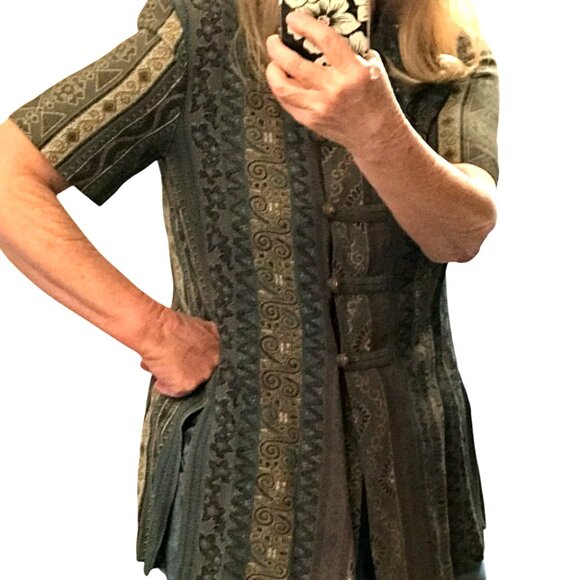 R&M Richards 70s Asian Blouse: Lightweight Tunic Olive Green Gold Size 12 Petite - Picture 5 of 8